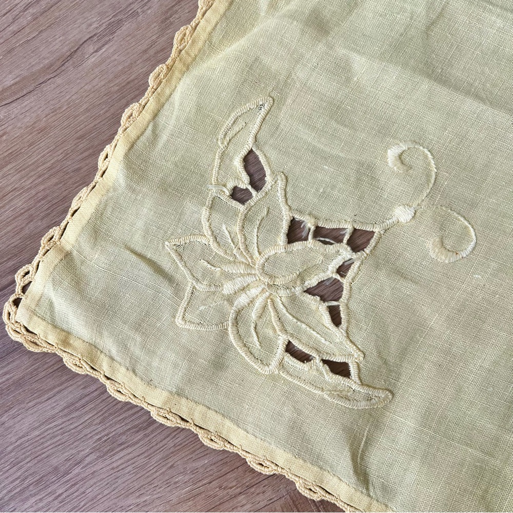 Vintage Tablecloth Table Topper Crochet Embroidered Yellow‎ 34" Square - Mint